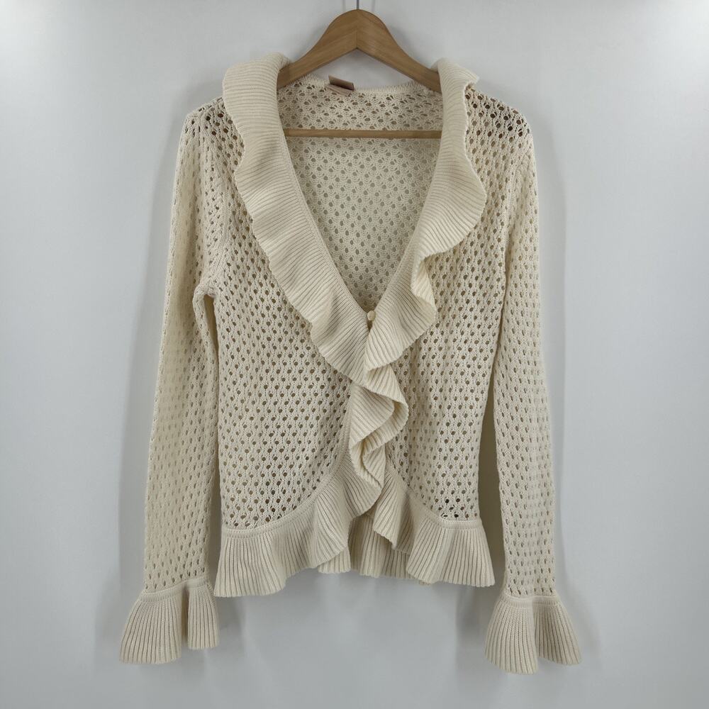 Vintage 90s Y2K Faded Glory Cardigan Womens M Cream Open Knit Ruffle Fairycore